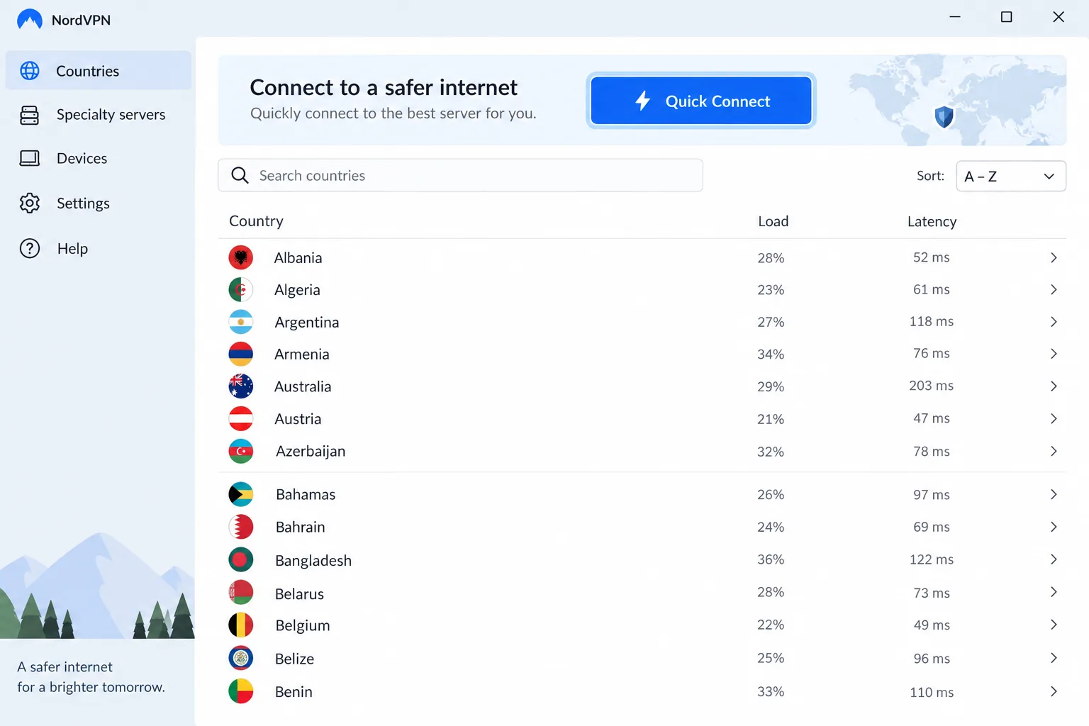 NordVPN's desktop app in list view with countries sorted alphabetically and the quick connect button highlighted at the top.