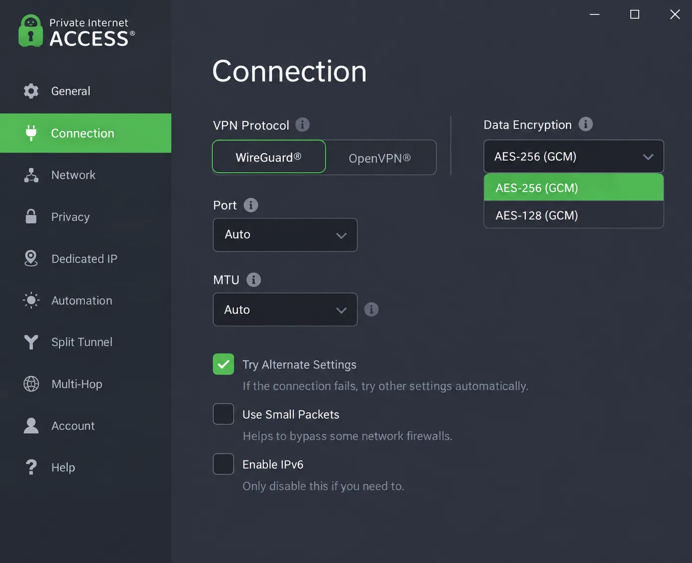 Private Internet Access desktop settings open on the connection tab, showing the WireGuard and OpenVPN protocol choice and the AES-128 and AES-256 encryption dropdown.