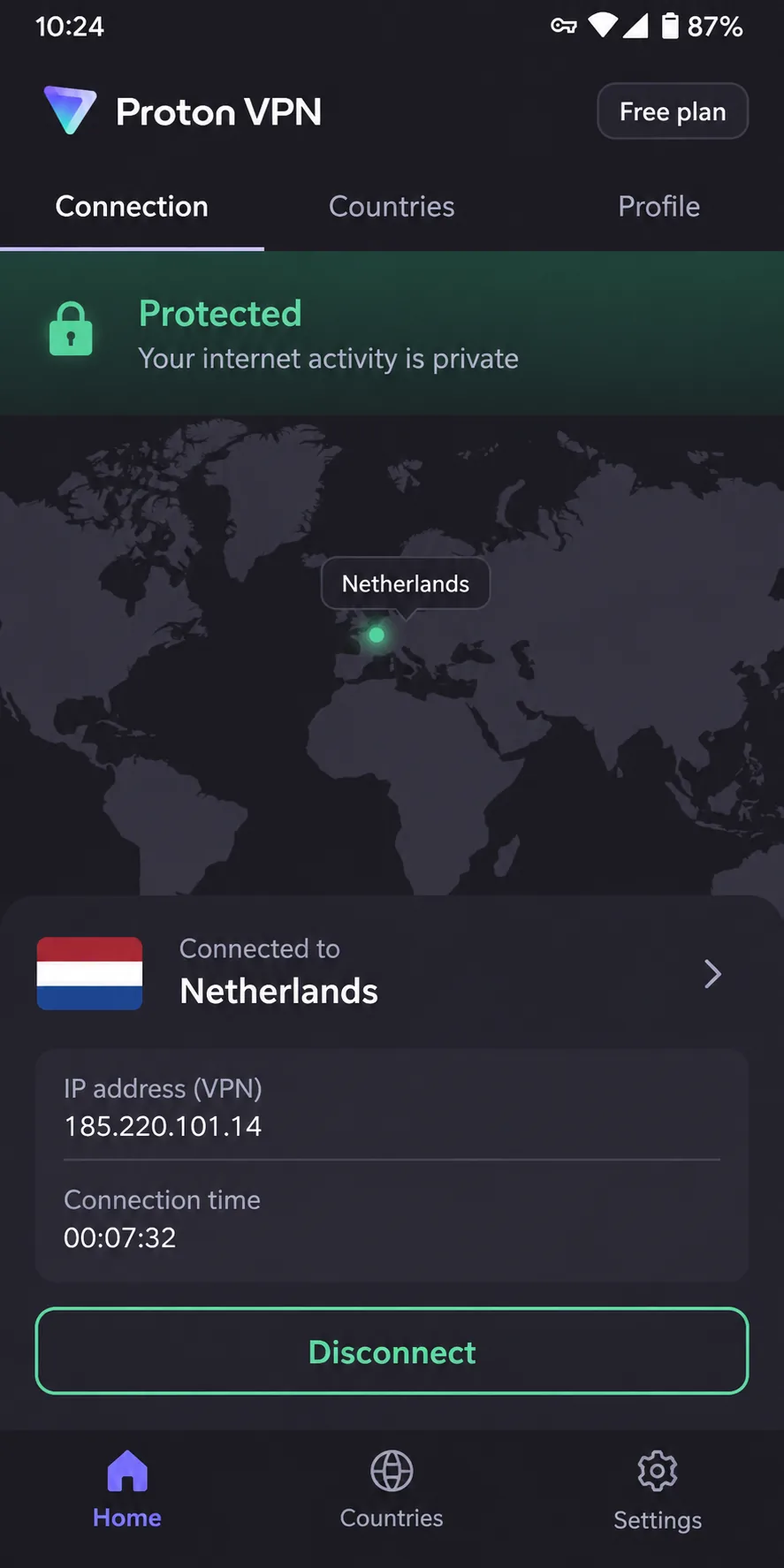 Proton VPN's Android app connected on the free plan, showing the automatically chosen server country and the green protected status.