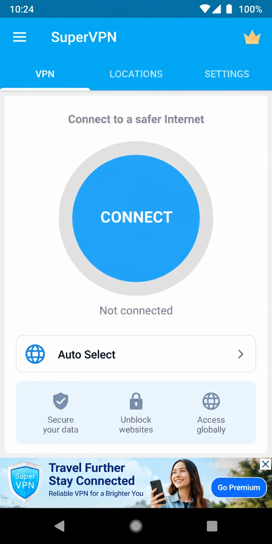 SuperVPN's Android main screen with the large connect button in the center and a banner ad running across the bottom of the display.