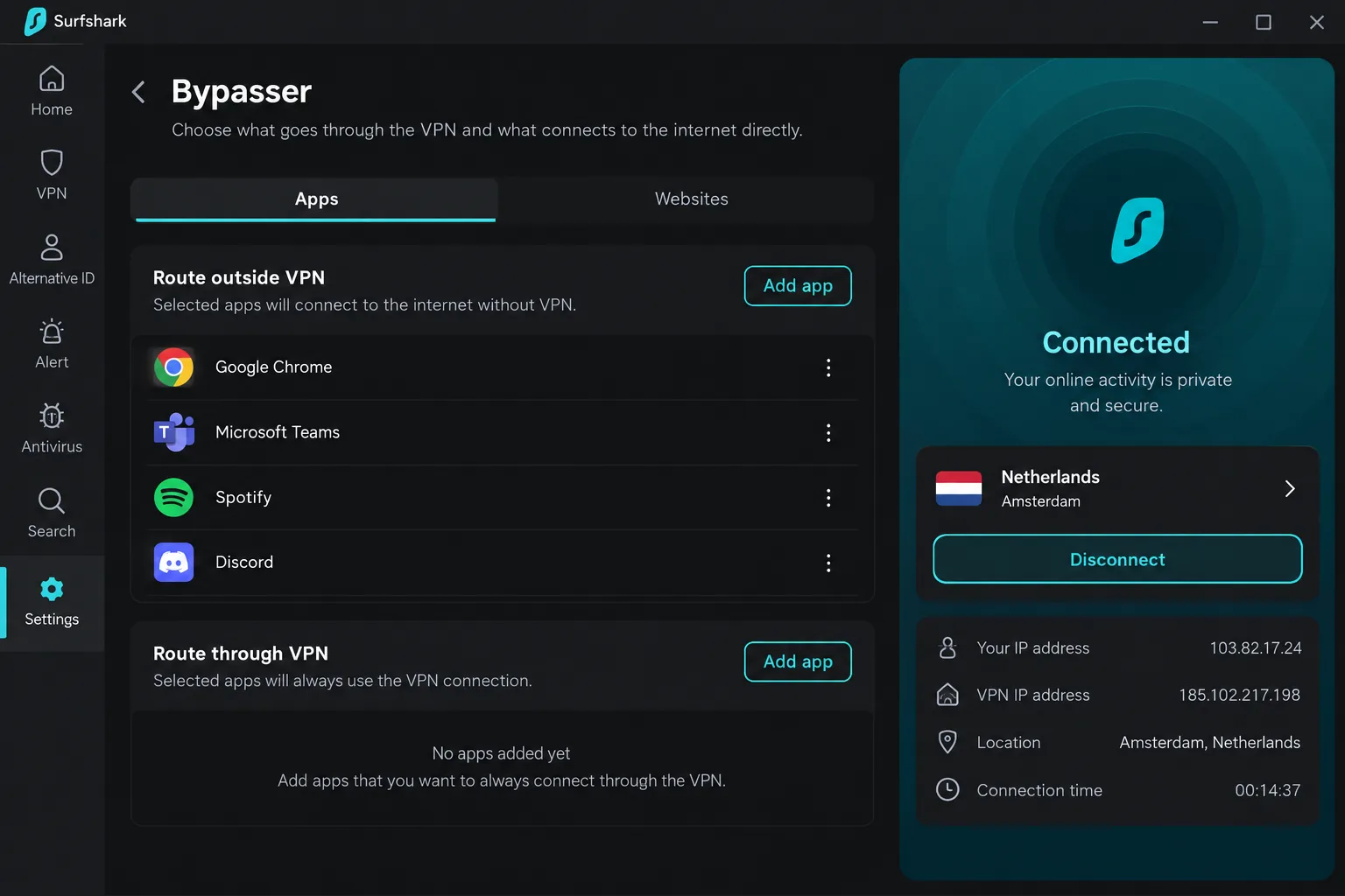Surfshark's Windows app on the Bypasser settings page, listing apps and websites set to route outside the VPN connection.