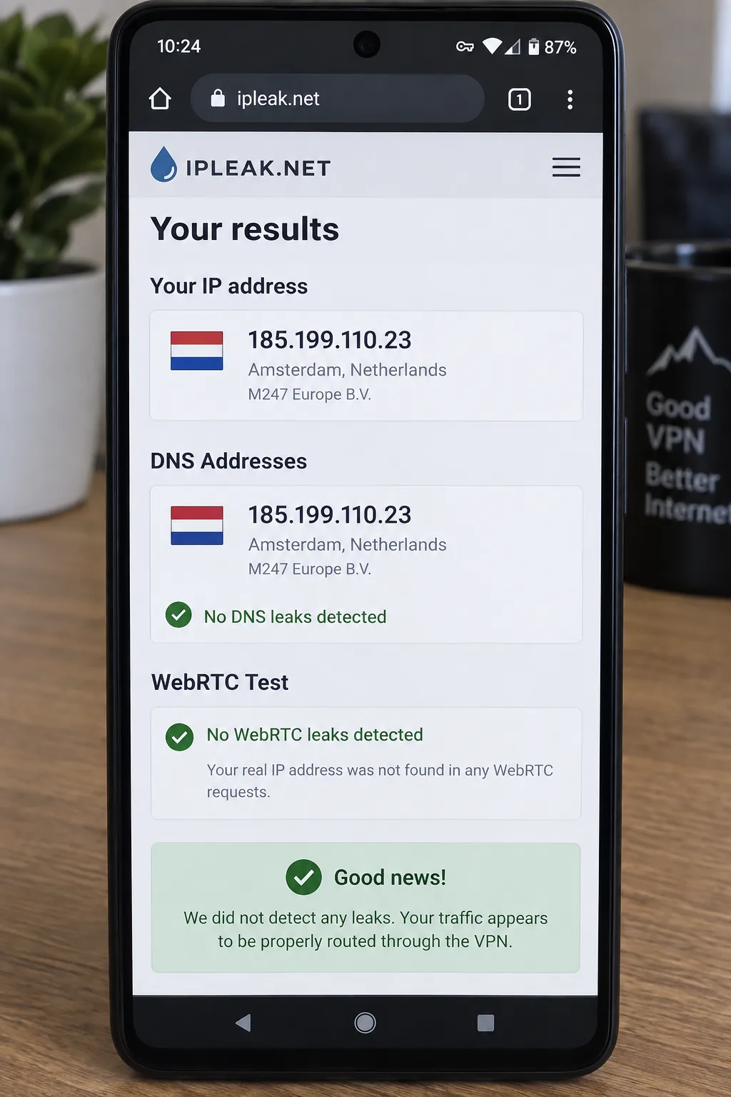 An Android phone running a DNS and WebRTC leak test in the browser, with the results page showing only the VPN server's IP address and DNS resolver.