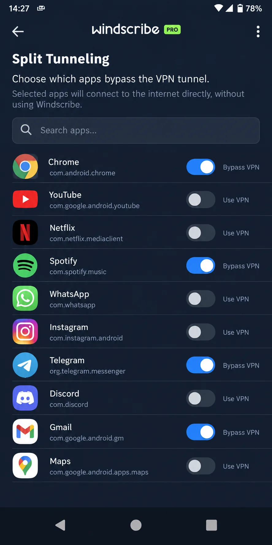 Windscribe's Android split tunneling screen with a list of installed apps and toggles to choose which ones bypass the VPN tunnel.