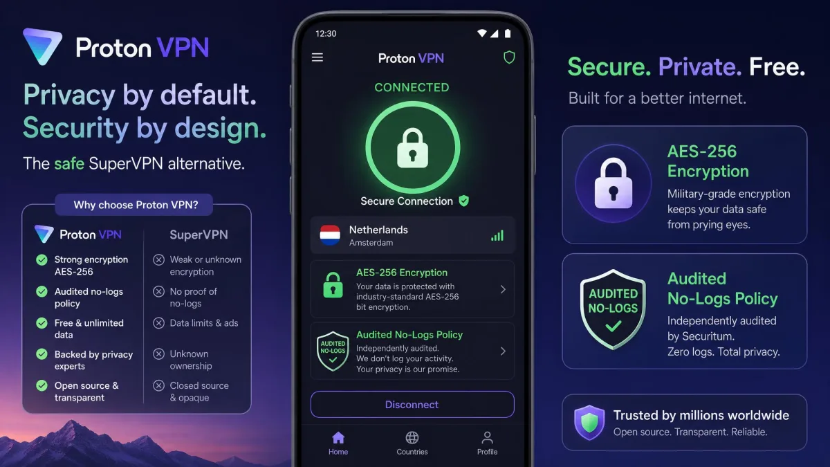 Proton VPN free app showing a secured connection with AES-256 encryption and an audited no-logs badge, presented as the safe SuperVPN alternative.