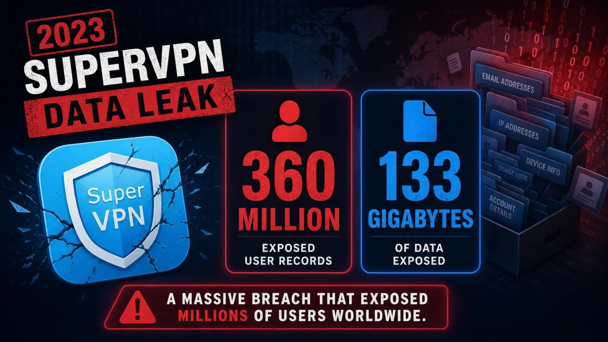 Illustration of the 2023 SuperVPN data leak showing the figure of 360 million exposed user records and 133 gigabytes of data.