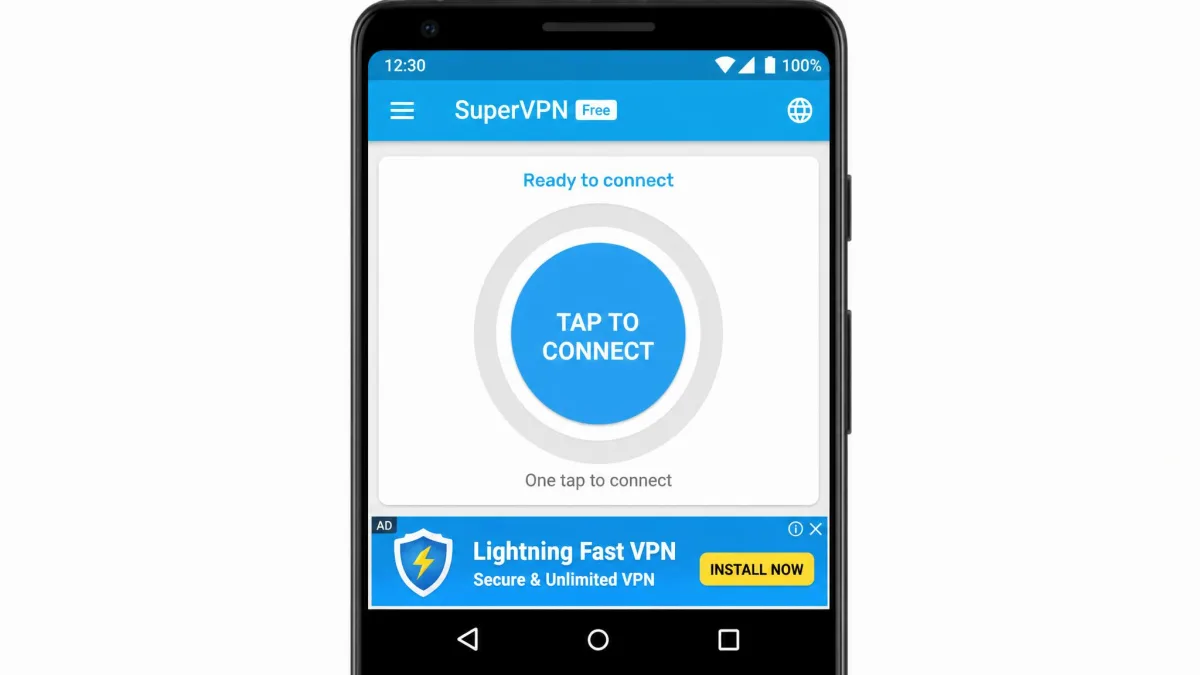 SuperVPN free Android app showing its one-tap connect button on the main screen with a banner ad across the bottom of the display.
