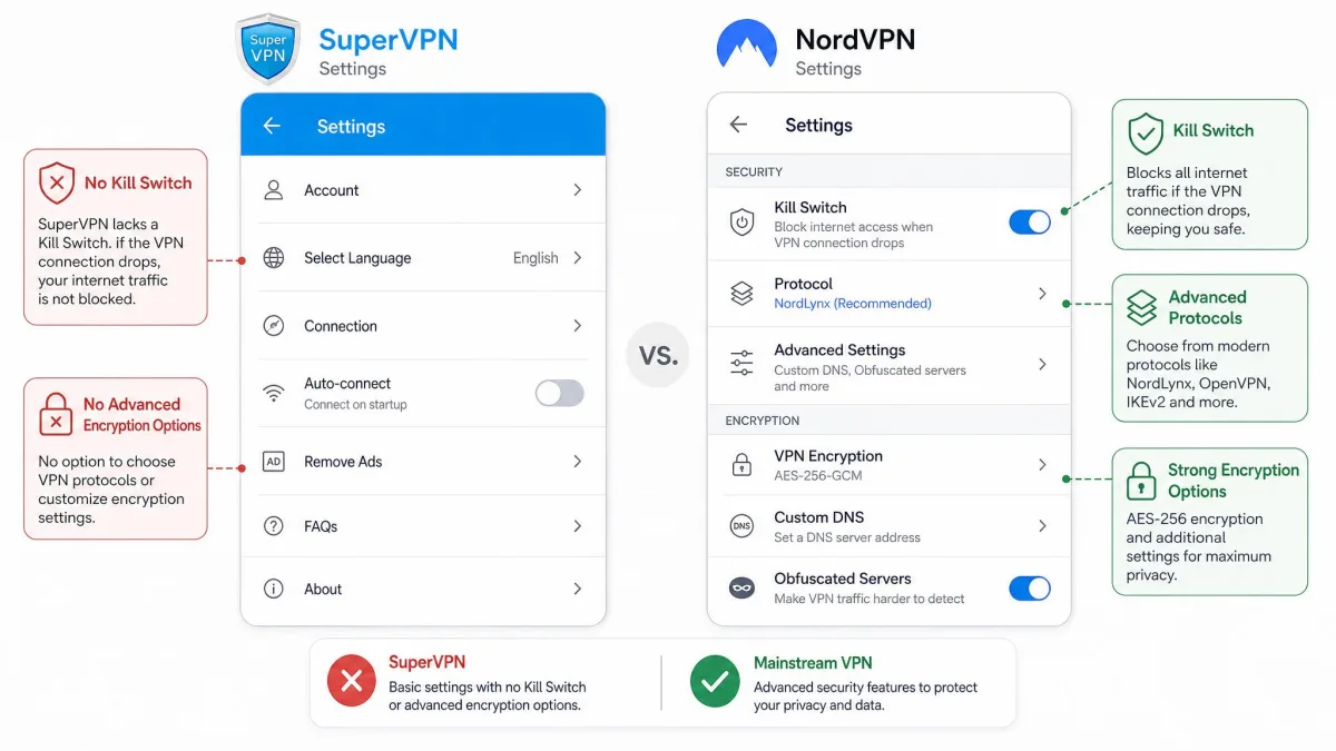SuperVPN app settings screen highlighting the absence of a kill switch and advanced encryption options compared with a mainstream VPN.