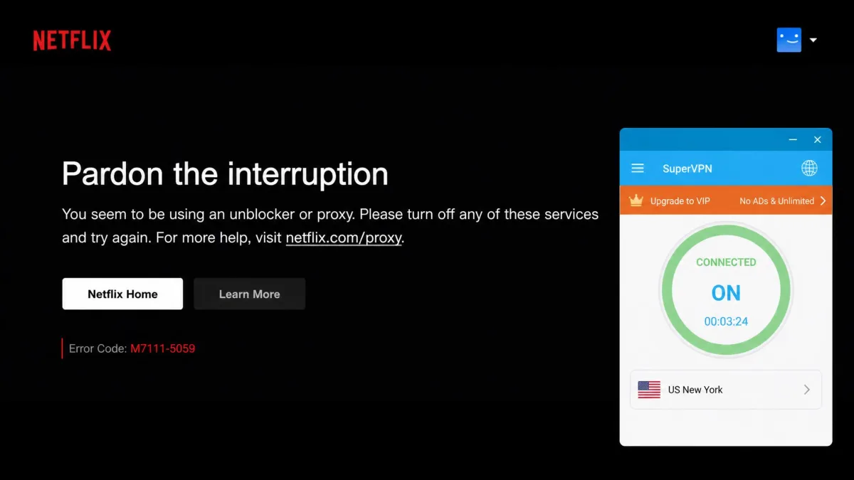A streaming service showing a proxy-detected error message while connected to SuperVPN, illustrating that it fails to unblock Netflix.