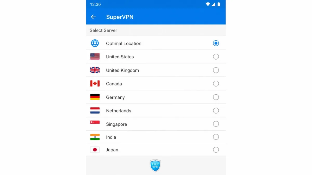 SuperVPN app server selection screen listing a short set of country options, illustrating the limited network of around nine countries.