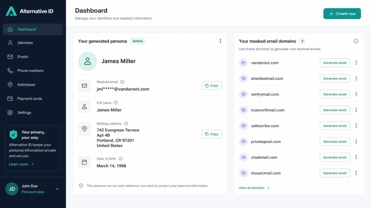 Surfshark Alternative ID web dashboard showing a generated persona with a masked email address, name, US mailing address and birth date, next to a list of masked email domains.