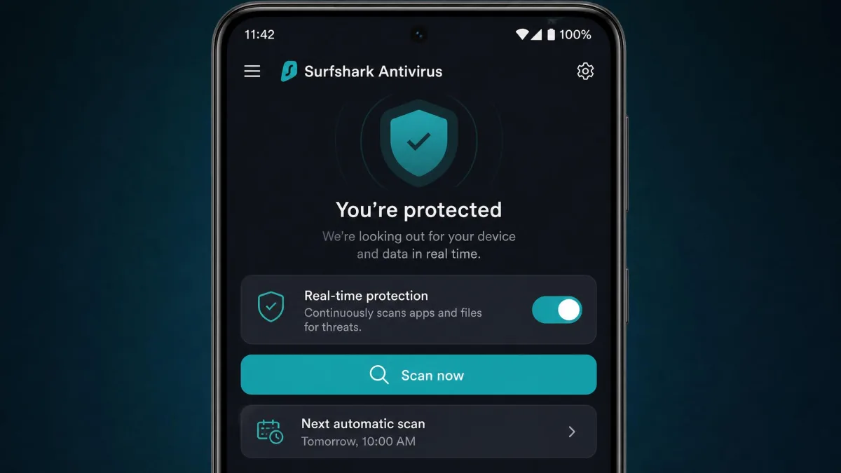 Surfshark Antivirus on an Android phone showing the real-time protection toggle switched on, a Scan now button, and the next automatic daily scan time.