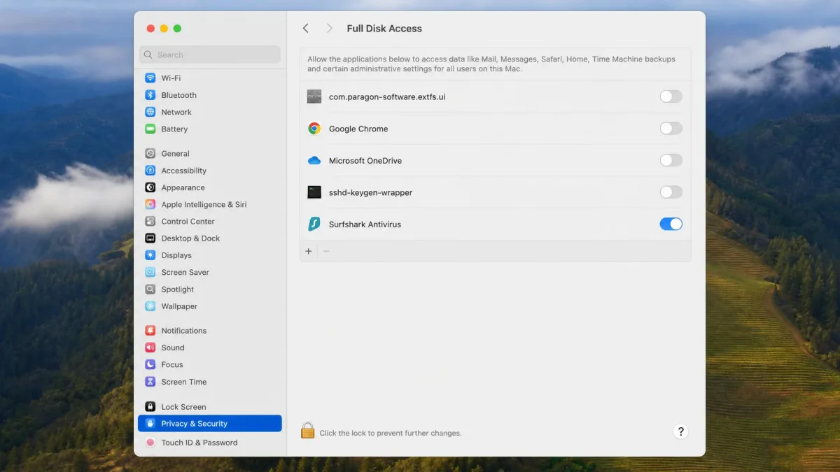 macOS Privacy and Security settings with the Full Disk Access list open and Surfshark Antivirus toggled on, as required before the antivirus can scan the whole Mac.