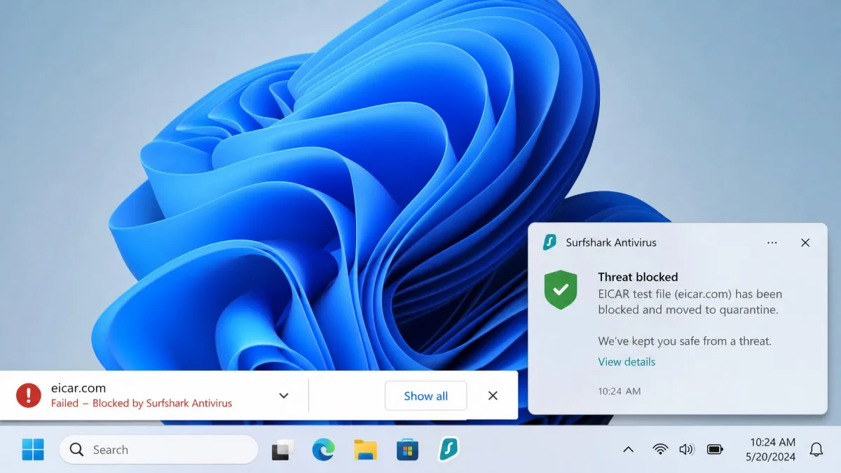 A Windows desktop notification from Surfshark Antivirus reporting that a downloaded EICAR test file was blocked and moved to quarantine, with the browser download bar showing the failed download.