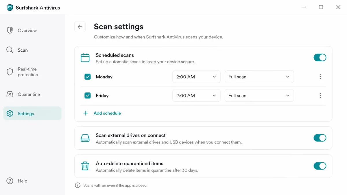 Surfshark Antivirus scan settings screen with scheduled scans set for 2 AM on Monday and Friday, plus toggles for scanning external drives on connect and auto-deleting quarantined items.