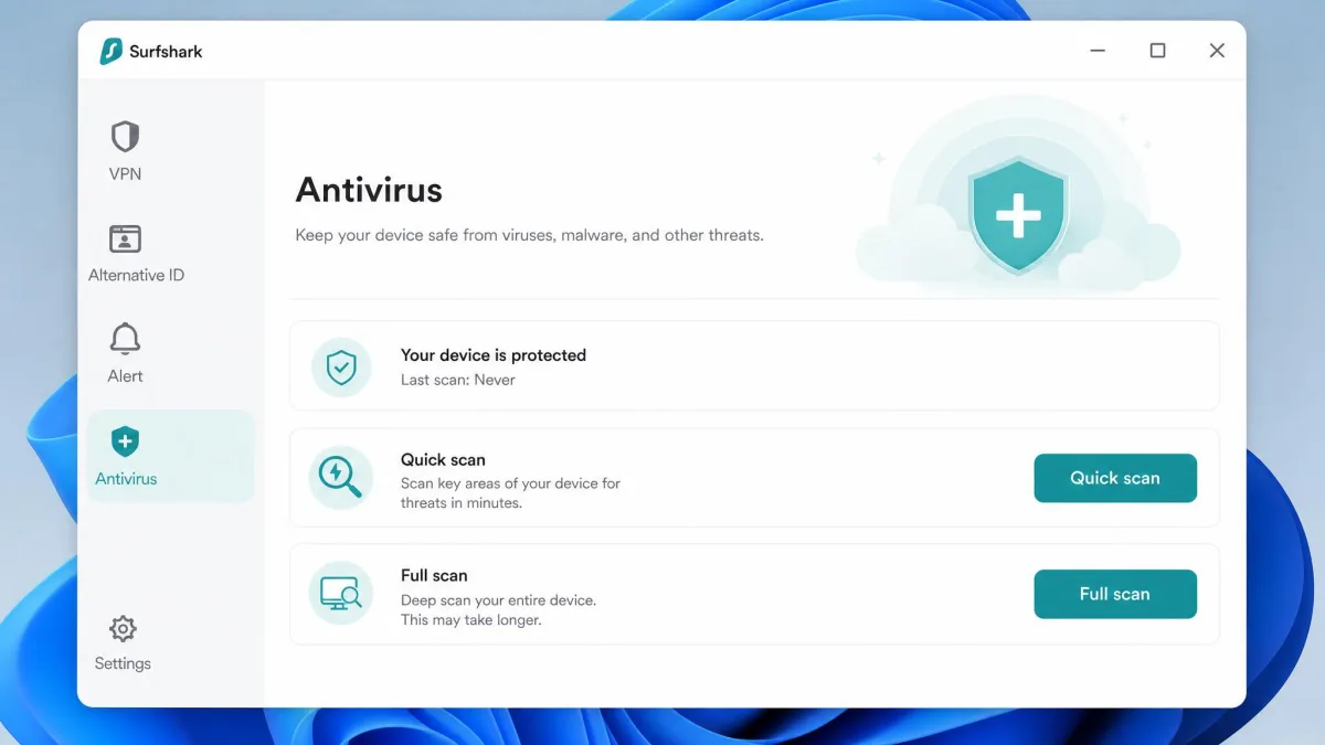 The Surfshark desktop app on Windows with the left navigation bar showing VPN, Alternative ID, Alert and Antivirus, and the Antivirus tab open with Quick scan and Full scan buttons in the main pane.