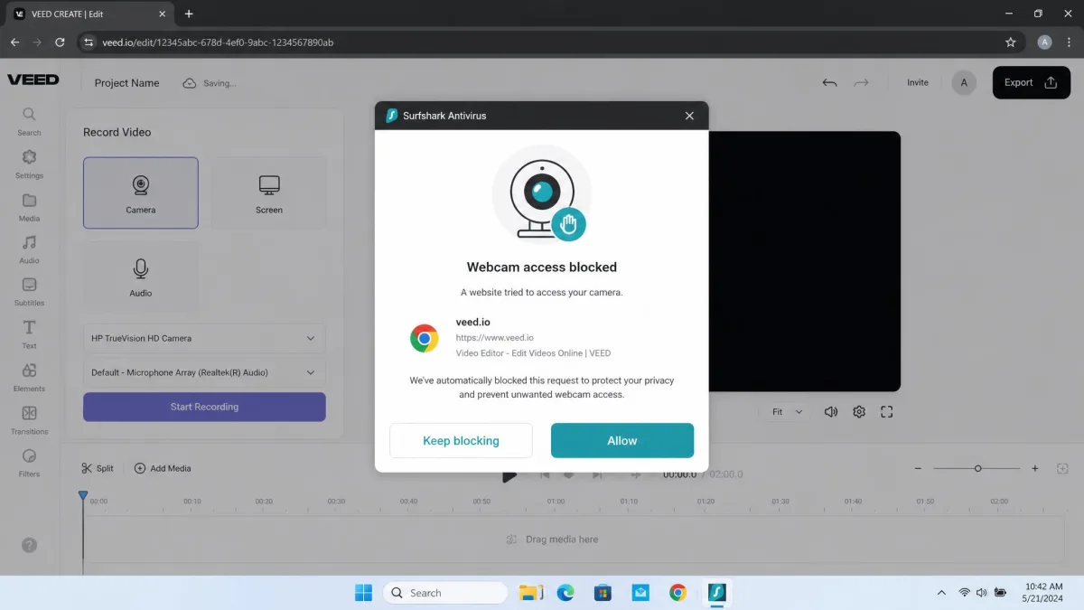 Surfshark Antivirus webcam protection prompt on Windows warning that a browser tab on the VEED video editor tried to access the camera, with Keep blocking and Allow buttons.