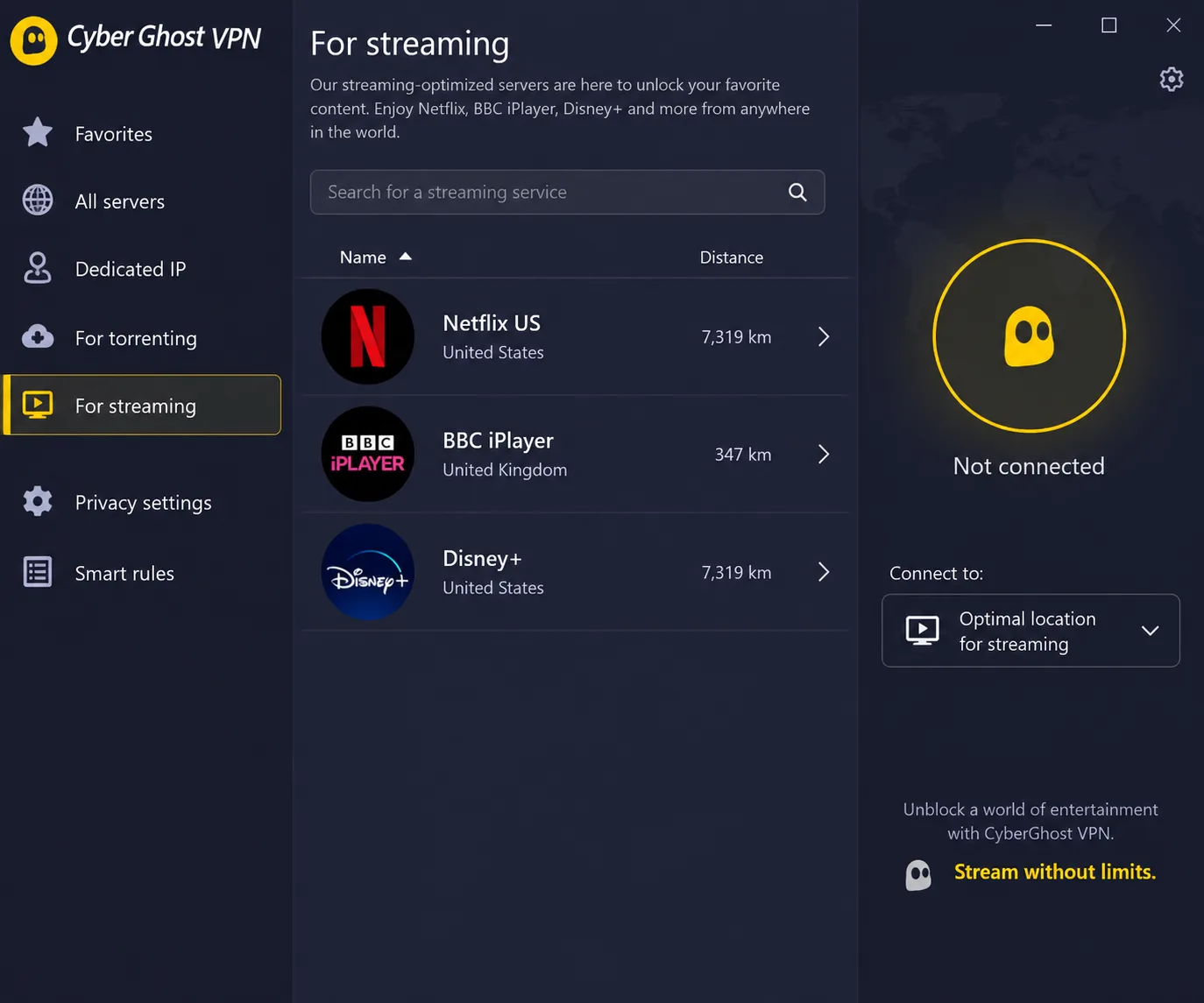 CyberGhost's server menu filtered to streaming servers, with entries labelled Netflix US, BBC iPlayer and Disney+.