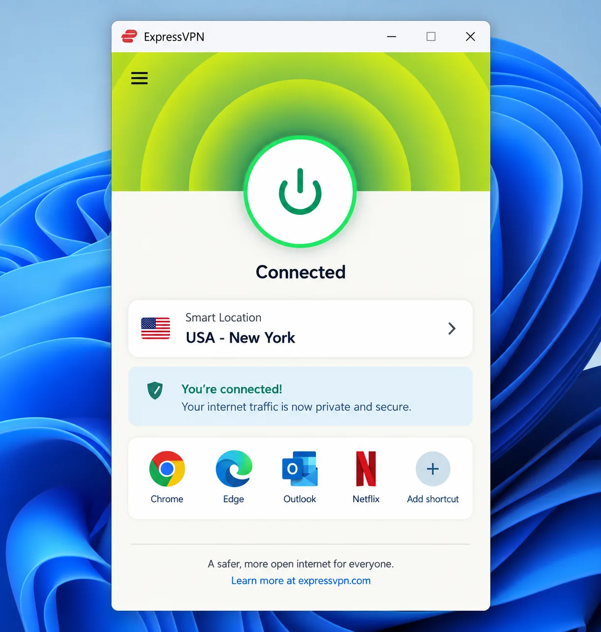 ExpressVPN's Windows app with the large round connect button switched on and Smart Location set to a nearby US server.