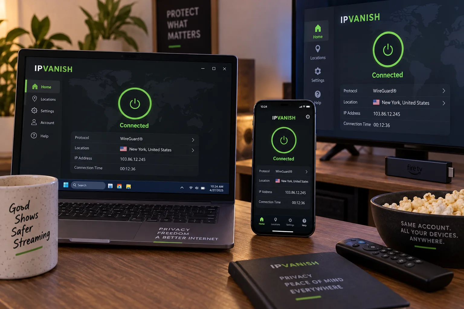 IPVanish's app connected over WireGuard on a laptop, next to a phone and a TV stick running the same account.