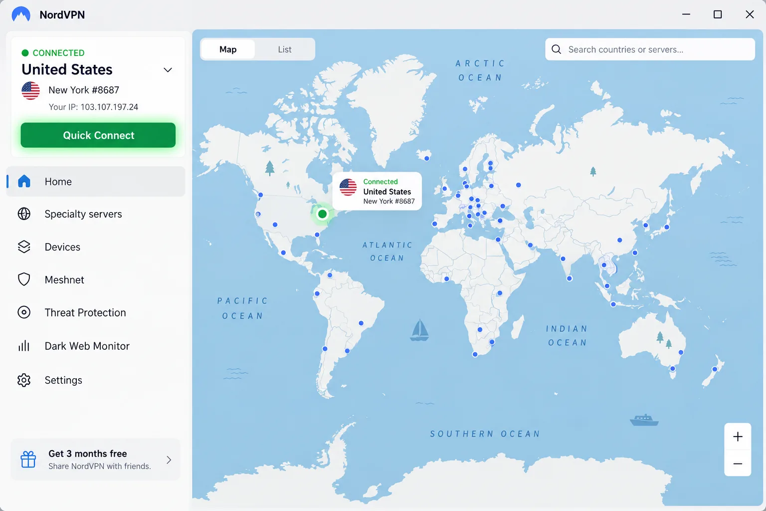 NordVPN's desktop app connected to a US server, with the world map view and the Quick Connect button highlighted in green.