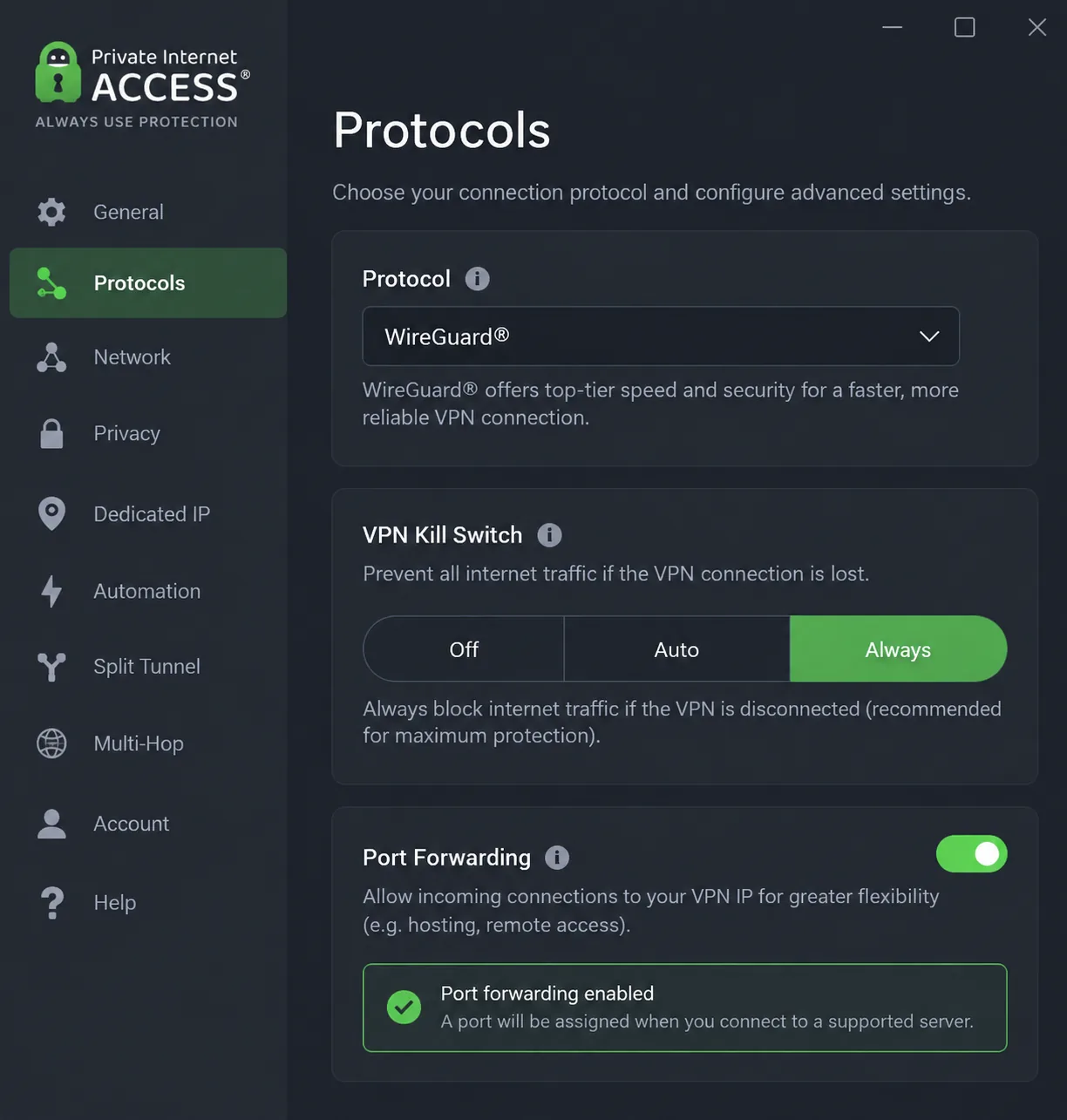 Private Internet Access settings panel showing the kill switch level, WireGuard protocol selection and the port forwarding toggle.