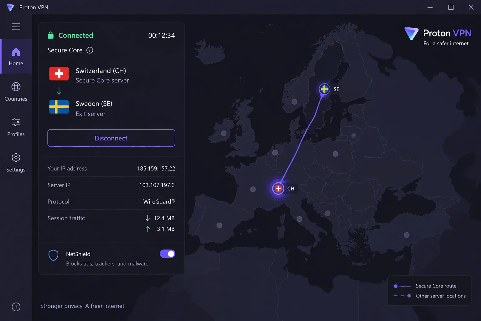 Proton VPN's app showing a Secure Core connection routed through Switzerland to a second country, with the connection status panel open.