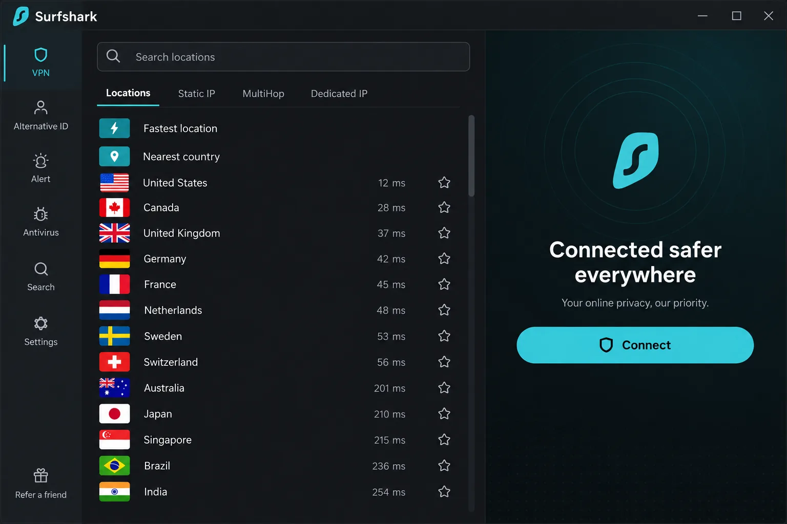 Surfshark's Windows app showing the server location list with ping values next to each country, and the connect button at the top of the window.