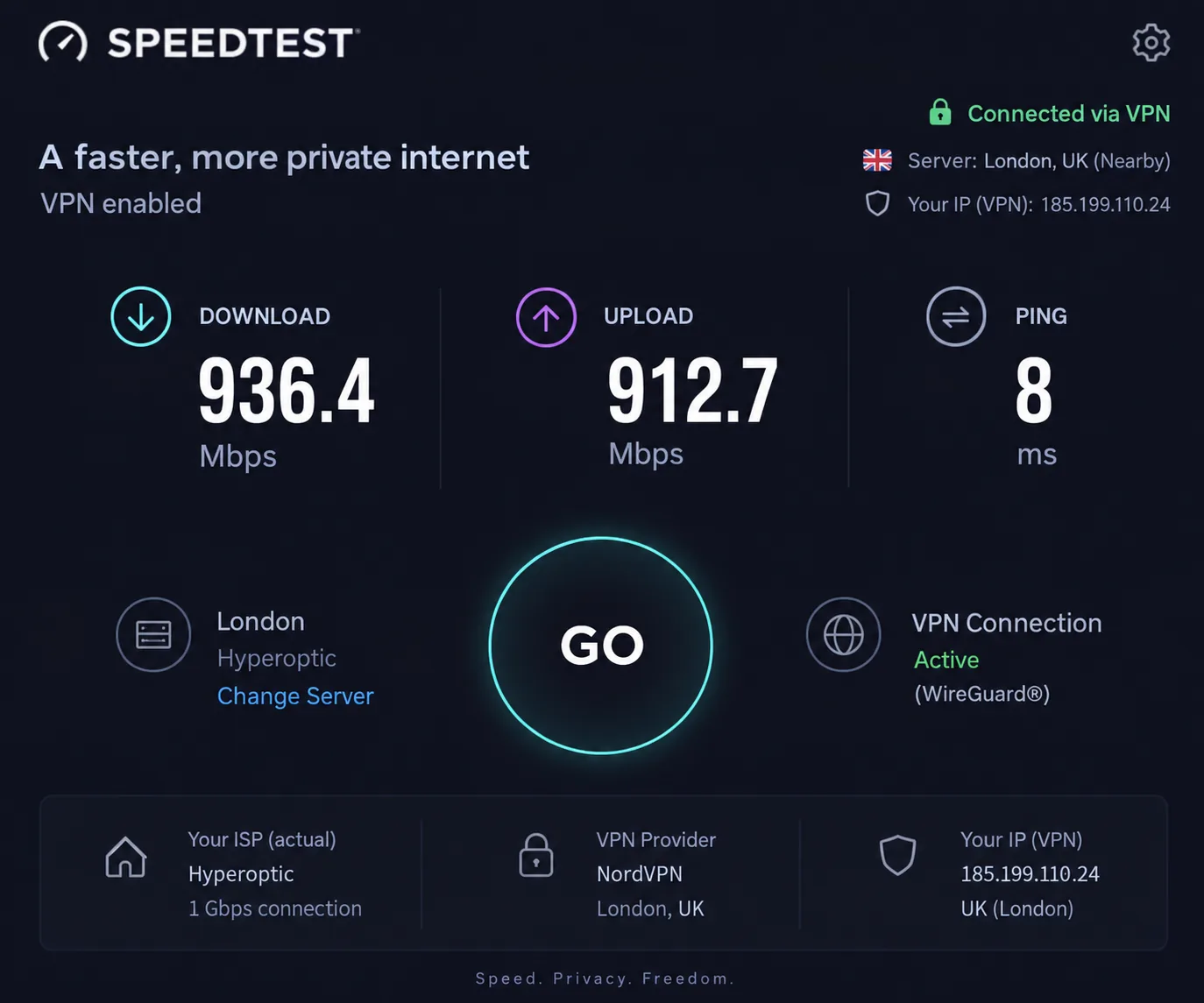 A speed test results screen showing download, upload and ping figures for a VPN connection to a nearby server on a gigabit line.