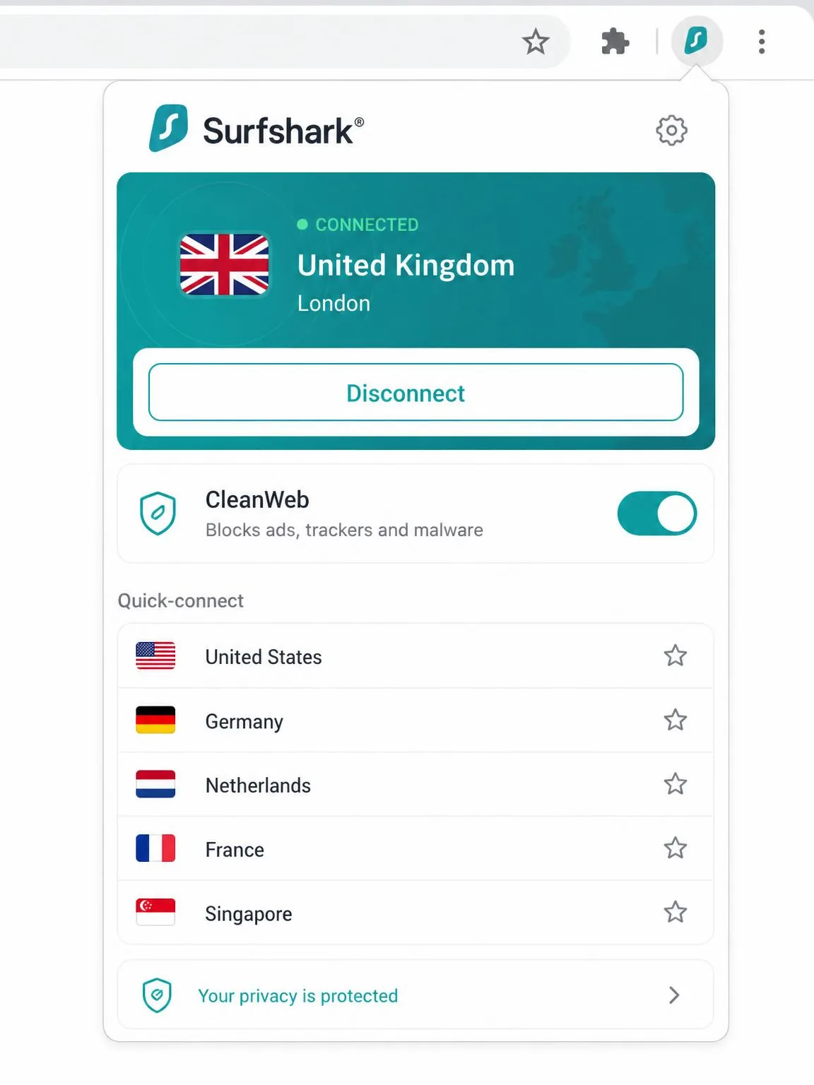 The Surfshark Chrome extension popup showing a connected status to a UK server, CleanWeb toggle, and a compact list of quick-connect country options.