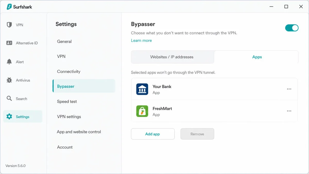 Surfshark's Bypasser screen on Windows listing a banking app and a grocery delivery app excluded from the VPN tunnel.