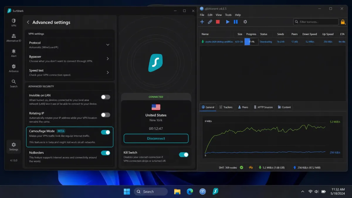 The Surfshark advanced settings panel with Camouflage Mode enabled while a torrent client downloads in the background.