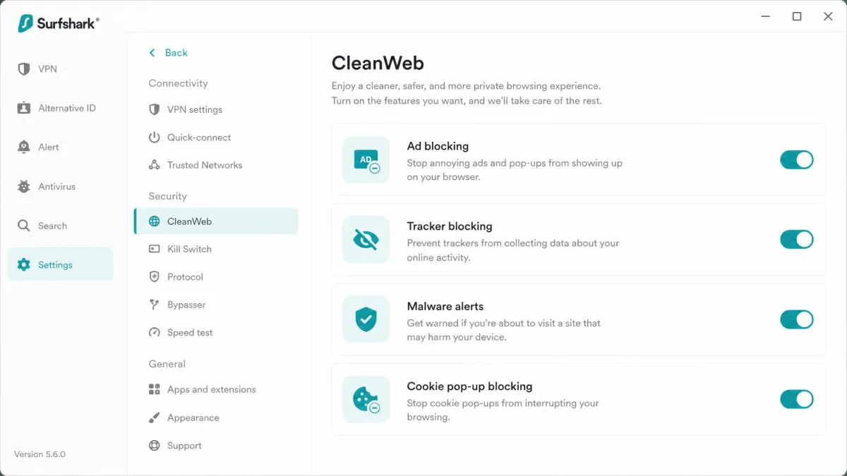 The Surfshark CleanWeb settings screen with ad blocking, tracker blocking, malware alerts and cookie pop-up blocking all switched on.