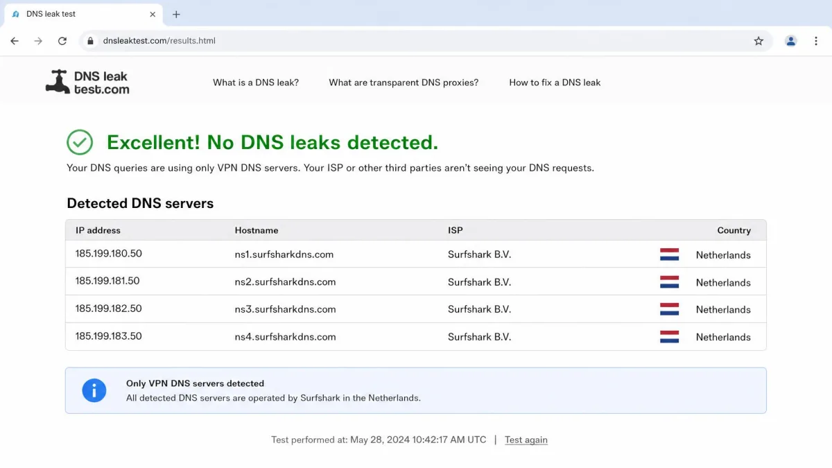 A browser-based DNS leak test result page showing only Surfshark-operated DNS servers in the Netherlands, with the user's real ISP absent from the list.