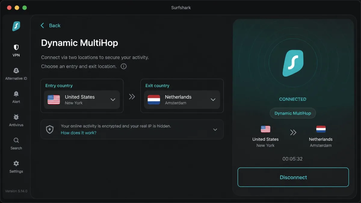 The Dynamic MultiHop screen in the Surfshark app with an entry country and a separate exit country selected side by side.