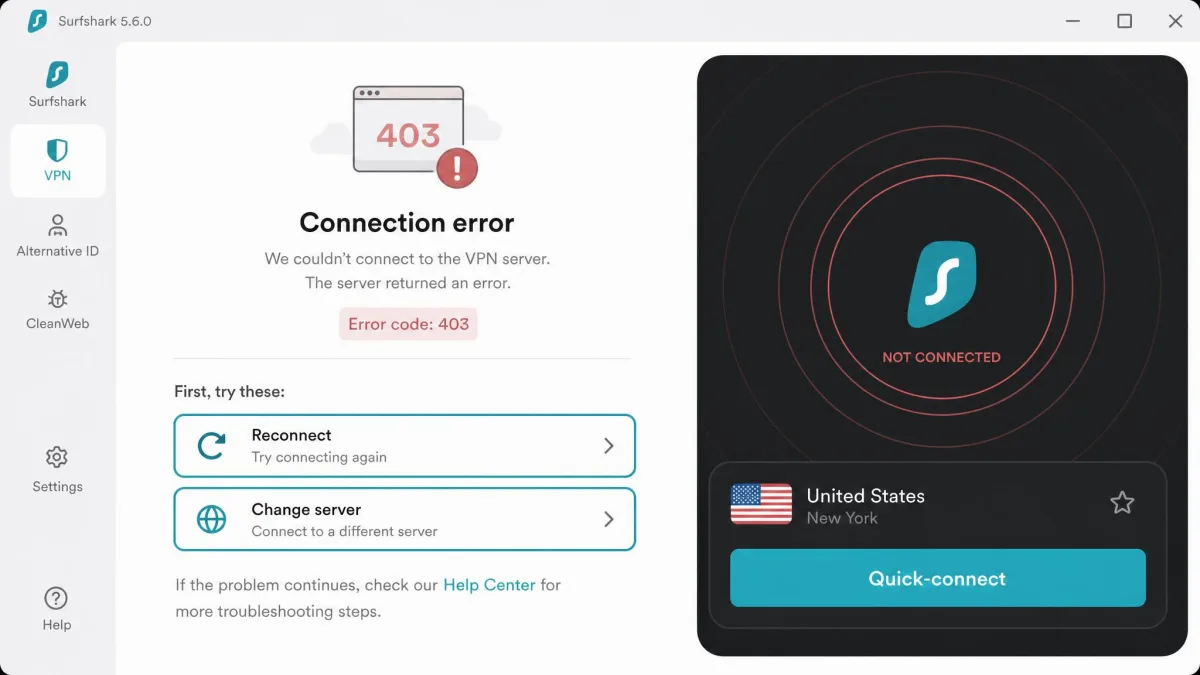 A Surfshark connection error message on Windows with a 403 code, alongside the app's reconnect and change-server buttons highlighted as the first fixes to try.