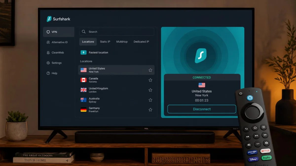 The Surfshark app running on a Fire TV Stick, shown on a television screen with a US server connected and the remote in shot.