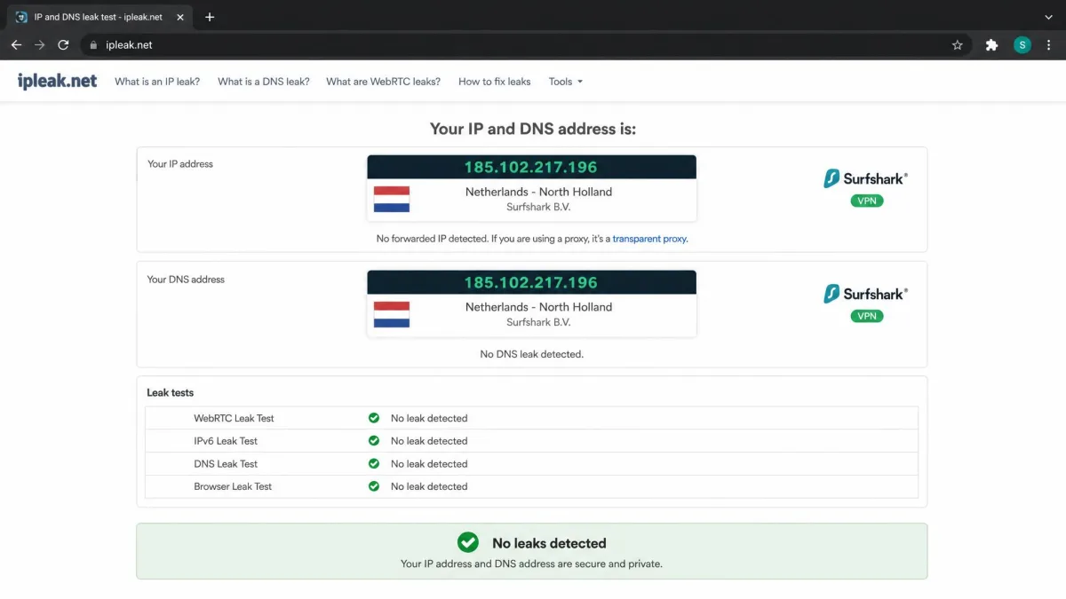 A browser-based IP and DNS leak test page showing a Surfshark server IP and matching DNS location with no leaks detected, run during our hands-on testing.