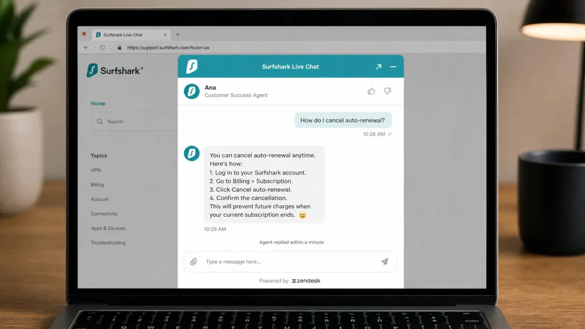 A Surfshark live chat window on a laptop showing an agent reply about cancelling auto-renewal within a minute of the question.
