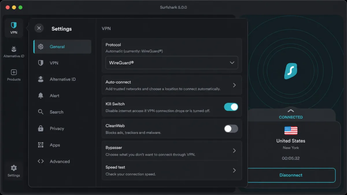 The Surfshark macOS app with the settings panel open, showing the protocol selector set to WireGuard and the kill switch toggle turned on.