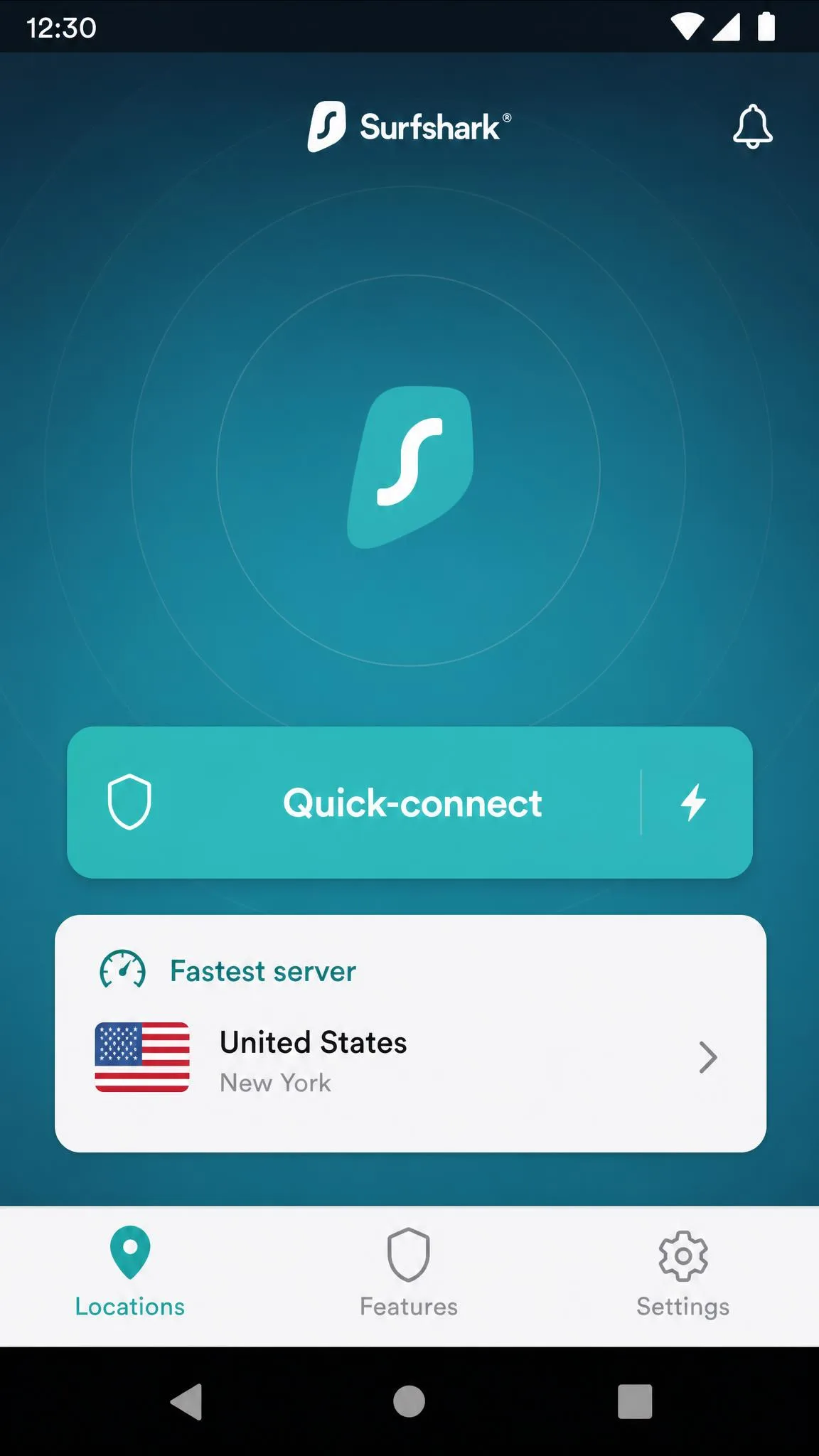 The Surfshark Android app home screen with the large Quick-connect button in the center, the fastest-server suggestion, and the bottom navigation showing locations, features, and settings tabs.