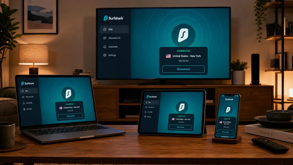 A laptop, tablet, phone and television in one room, each showing the Surfshark app connected at the same time.