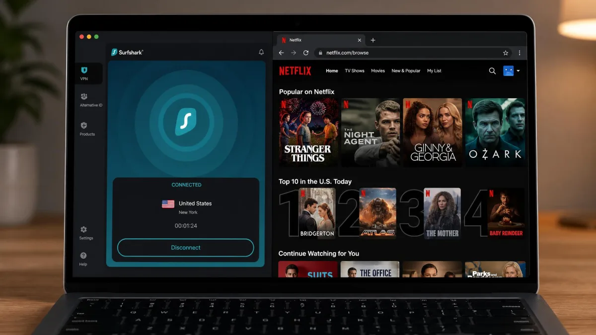 A laptop screen with Surfshark connected to a US server on one side and the Netflix US home row loaded on the other, demonstrating a successful region change without a proxy error.
