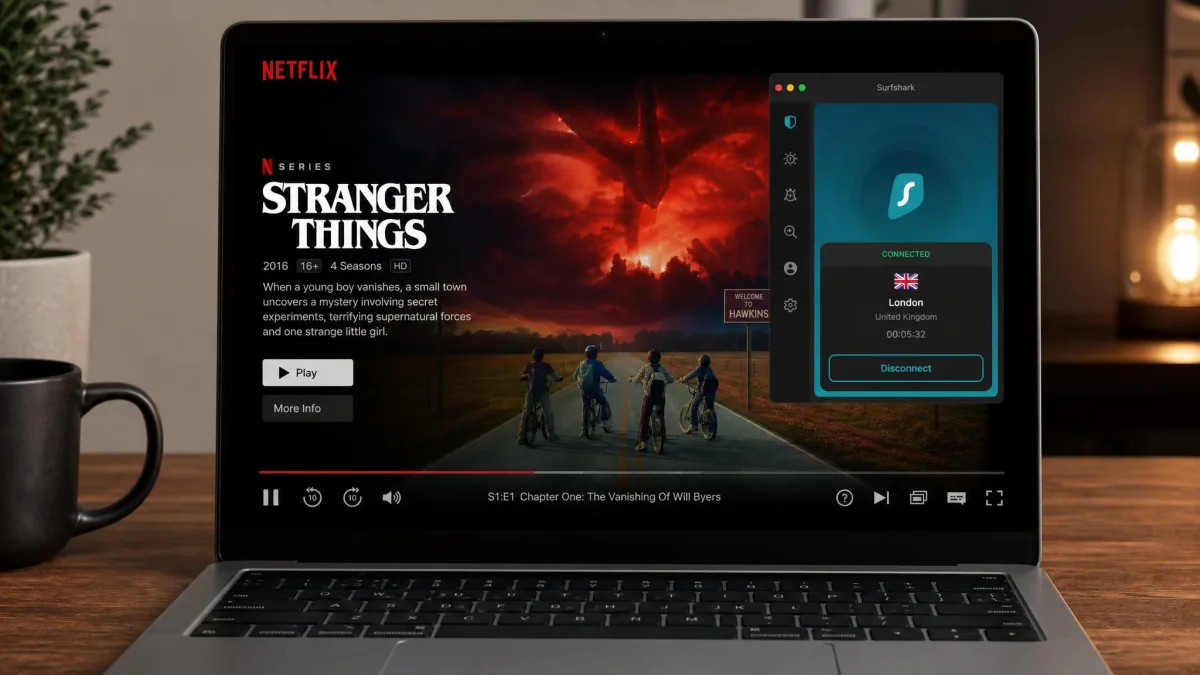 A laptop playing a Netflix title in HD while the Surfshark app sits in the corner of the screen showing a connected London server.