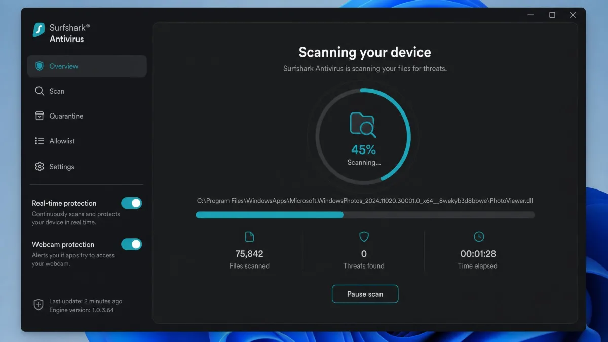 The Surfshark Antivirus app mid-scan on Windows, showing a progress bar, the count of files scanned, and toggles for real-time protection and webcam protection in the sidebar.