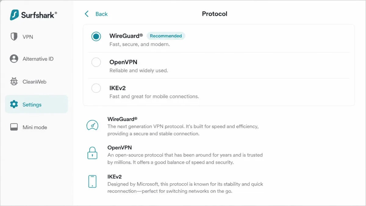 The Surfshark protocol settings screen listing WireGuard, OpenVPN, and IKEv2 options with WireGuard selected and a short description of each protocol below.