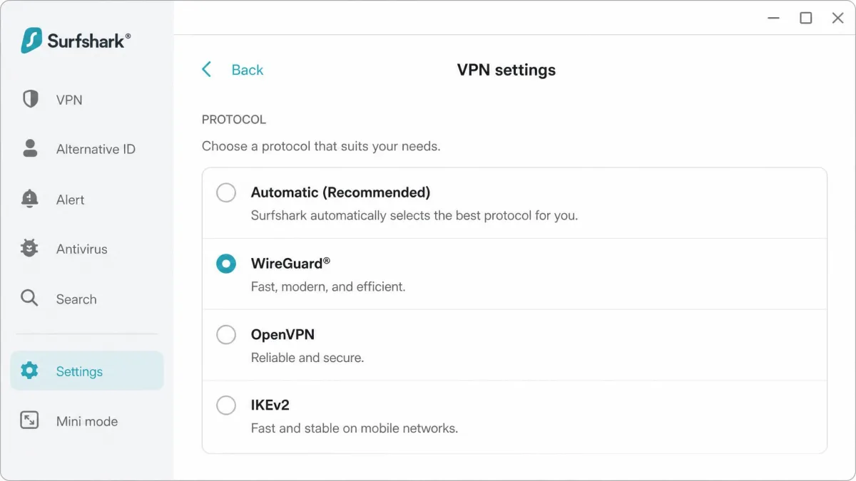 The Surfshark protocol selector showing automatic, WireGuard, OpenVPN and IKEv2 options with WireGuard chosen.