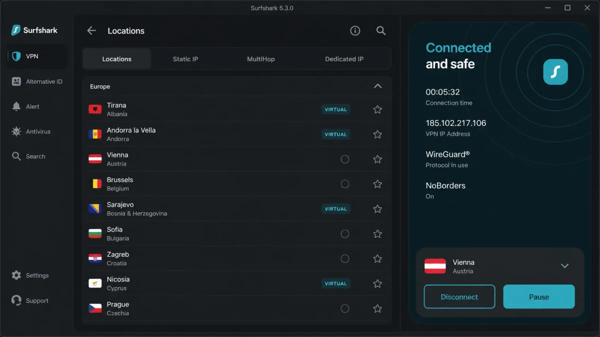 The Surfshark location list scrolled to the European section, showing individual city servers with virtual locations marked.