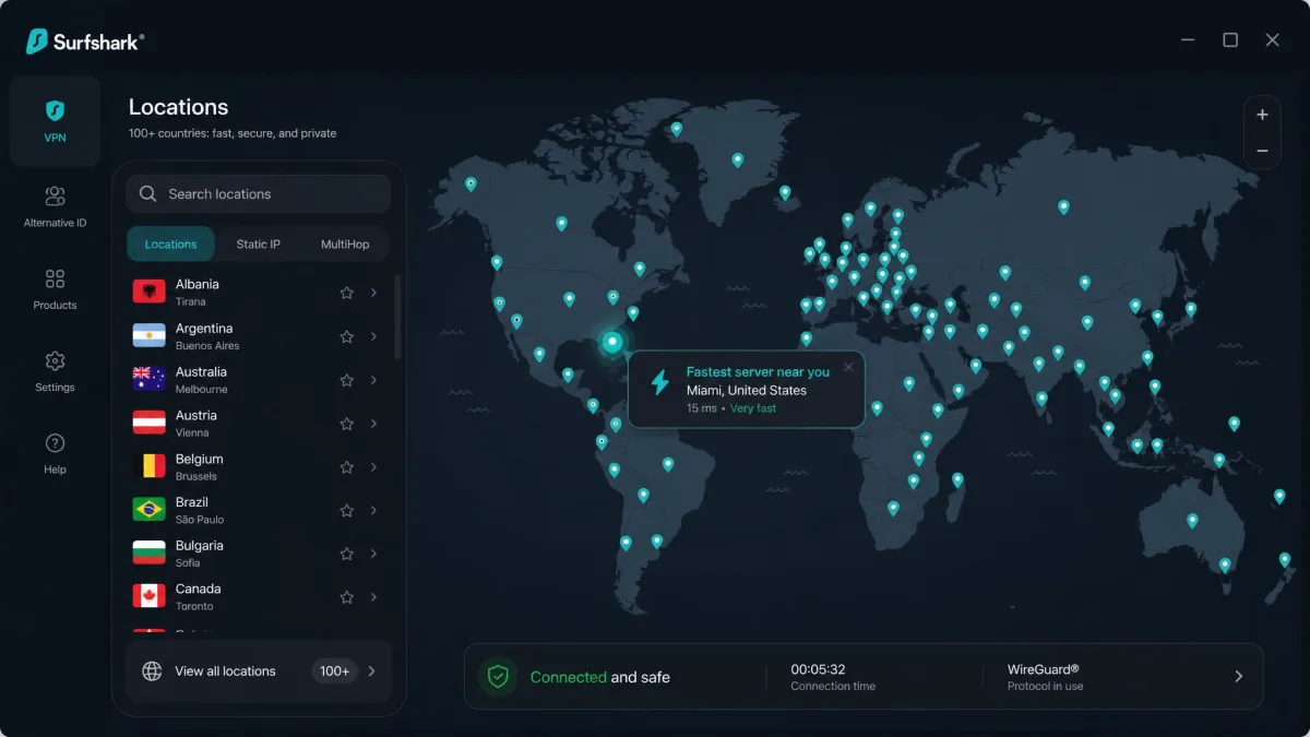The Surfshark app world map view with pins across 100 countries, a search box for filtering locations, and a highlighted fastest-server suggestion near the user's region.