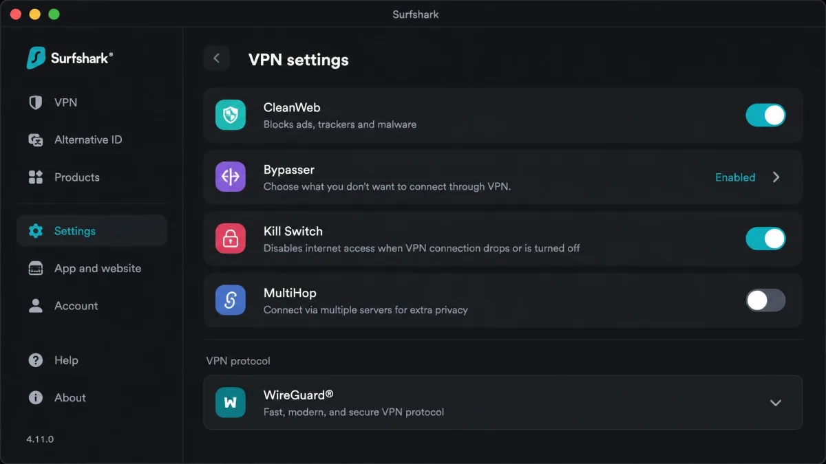 The Surfshark app settings panel showing toggles for CleanWeb, Bypasser split tunneling, kill switch, and MultiHop, with the protocol selector set to WireGuard.