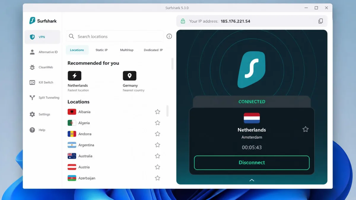The Surfshark Windows desktop app showing a connected session to a Netherlands server, with the green connected status, server list on the left, and current IP address displayed at the top.